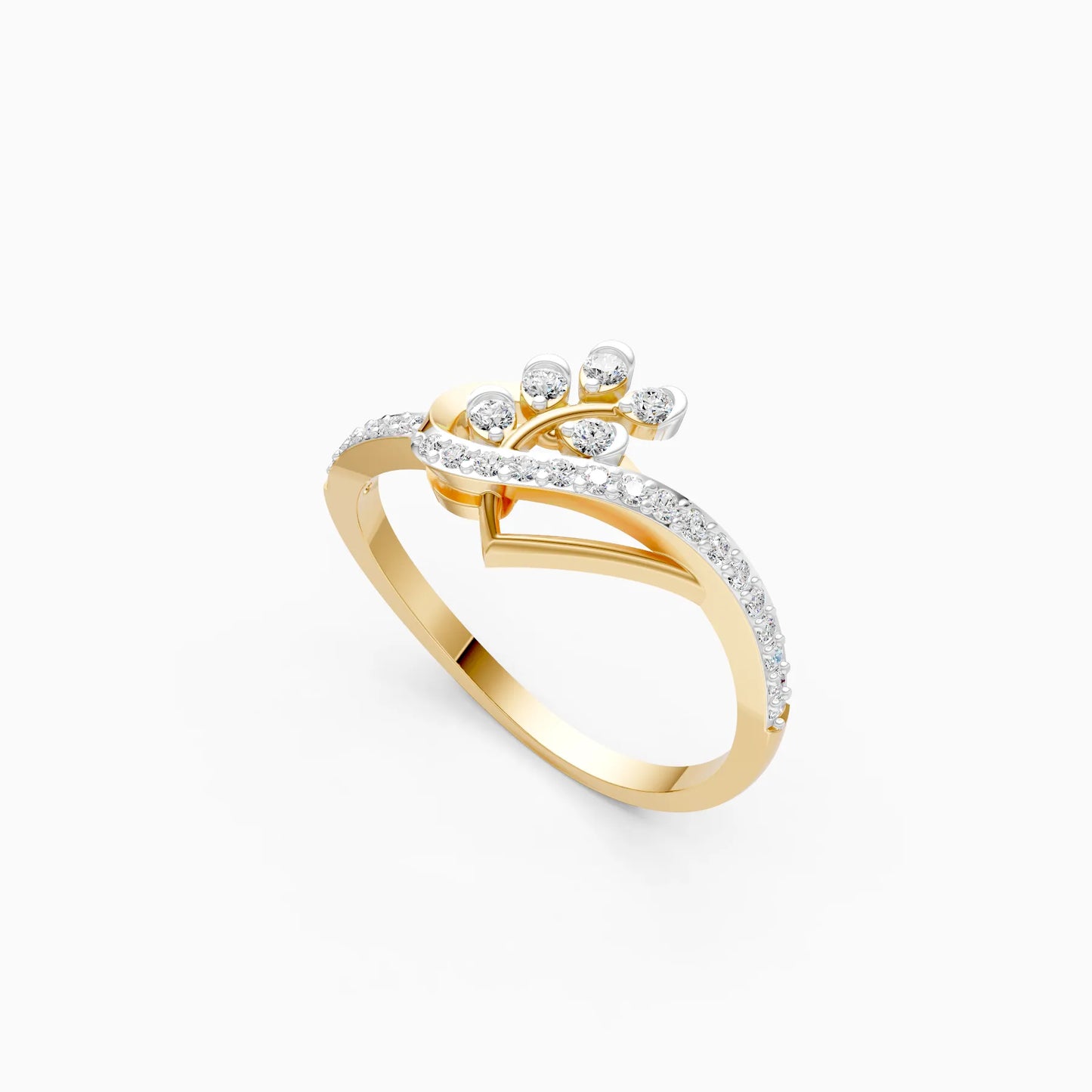 Diamond Botanical Spray Ring with Chevron Pavé Band