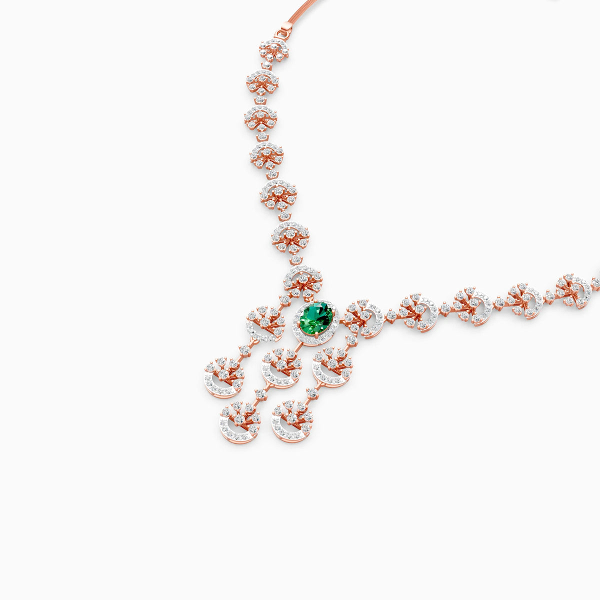 Crescent Burst Diamond Necklace with Oval Green Centre Stone