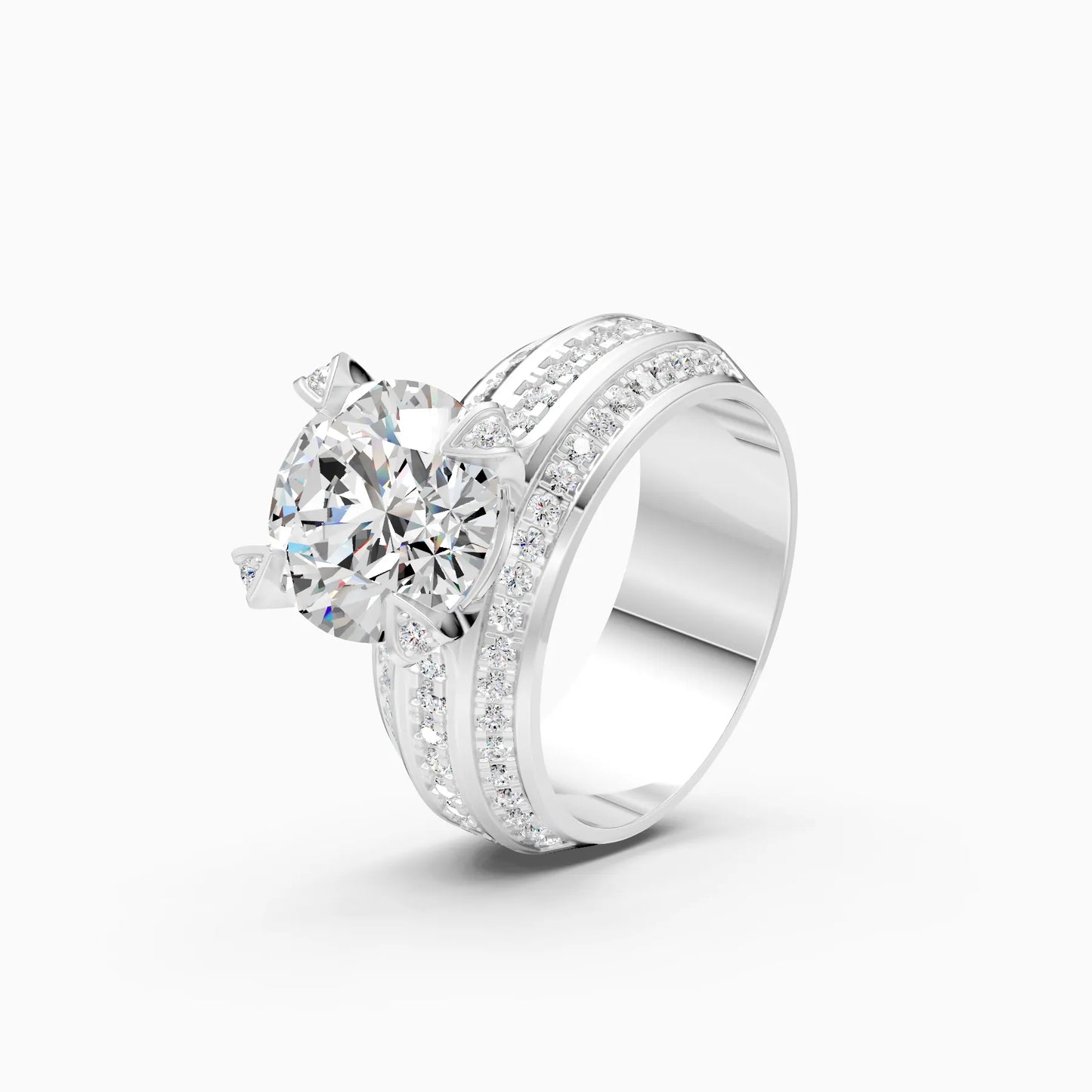 Round Solitaire Double Row Ring