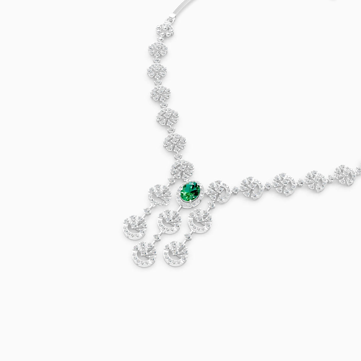 Crescent Burst Diamond Necklace with Oval Green Centre Stone