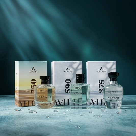 AYAANI Signature Trio – Pack of 3 375 White, 750 Yellow & 590 White Luxury Parfum Gift Set for Men & Women | 3 x 100ml