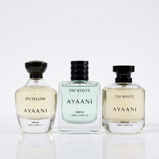 AYAANI Signature Trio – Pack of 3 375 Yellow, 750 White & 590 White Luxury Parfum Gift Set for Men & Women | 3 x 100ml
