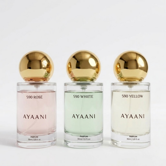 AYAANI 590 Discovery Trio – Pack of 3 White, Rosé & Yellow Luxury Parfum Gift Set for Men & Women | 3 x 30ml