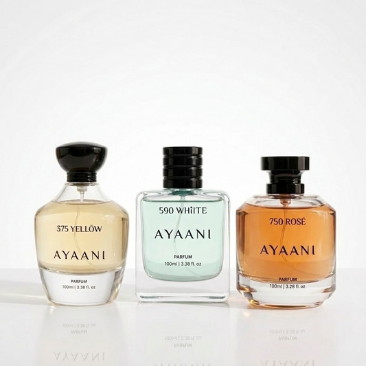 AYAANI Signature Trio – Pack of 3 375 Yellow, 590 White & 750 Rosé Luxury Parfum Gift Set for Men & Women | 3 x 100ml
