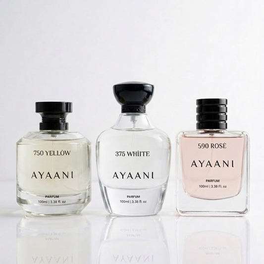 AYAANI Signature Trio – Pack of 3 750 Yellow, 375 White & 590 Rosé Luxury Parfum Gift Set for Men & Women | 3 x 100ml