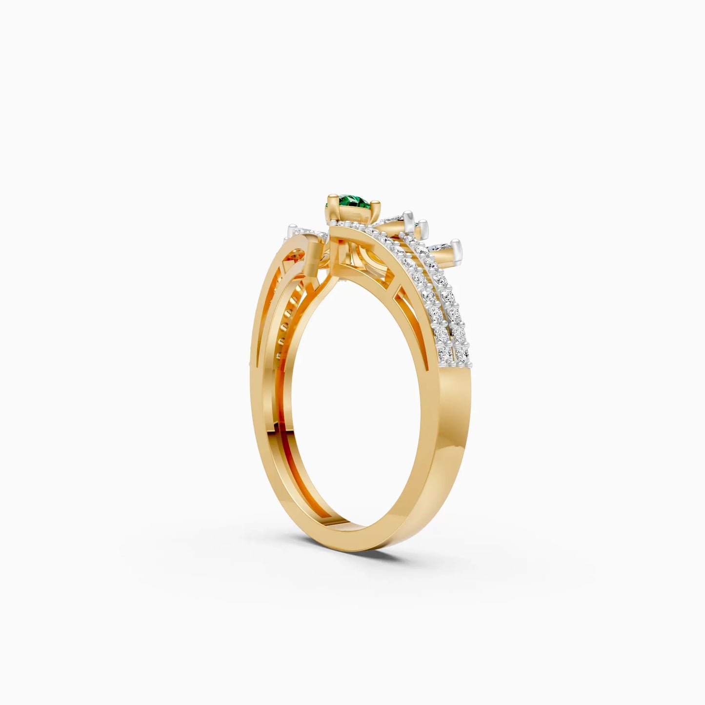 Stunning Diamond Floral With Green Stone Ring