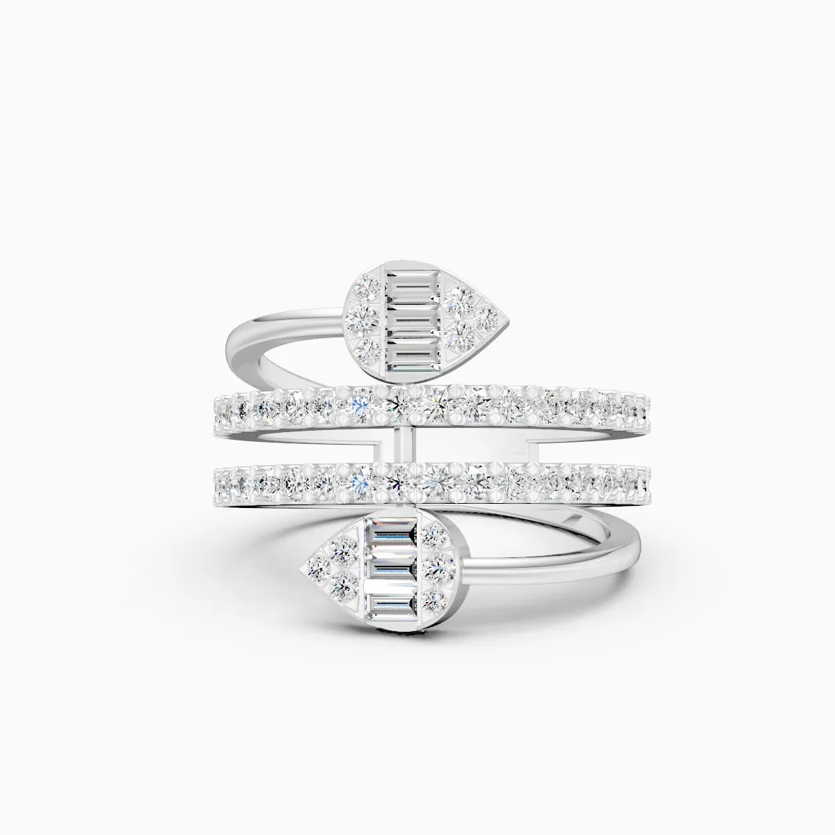 Triple Band Pear Shield And Baguette Embrace Spiral Ring