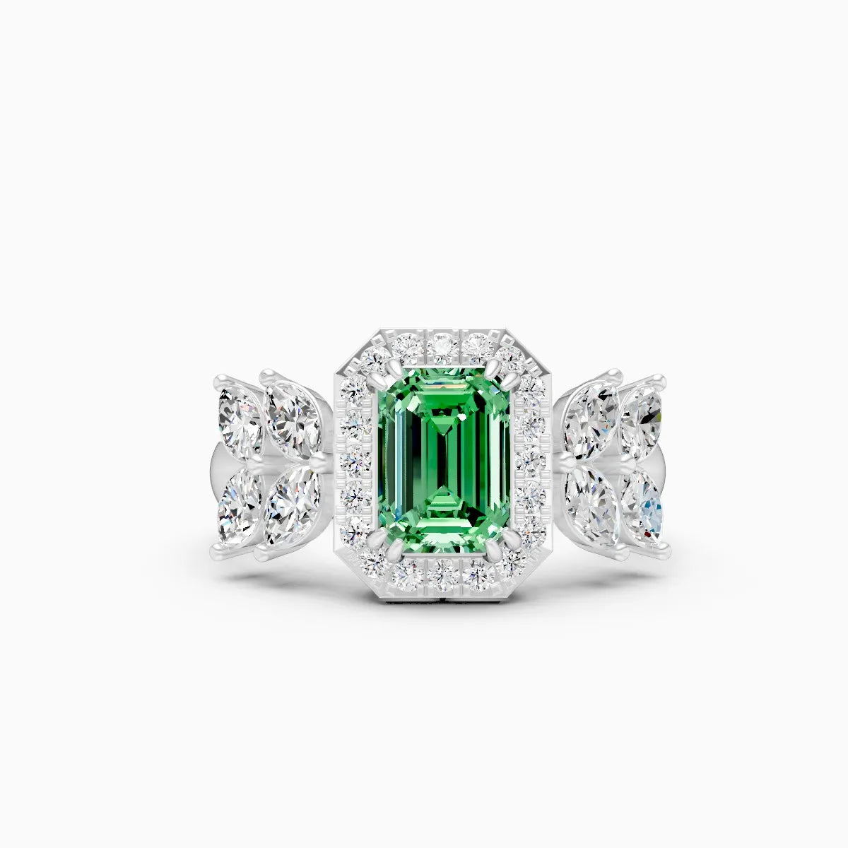 Green Emerald Side Marquise Lab Grown Diamond Ring