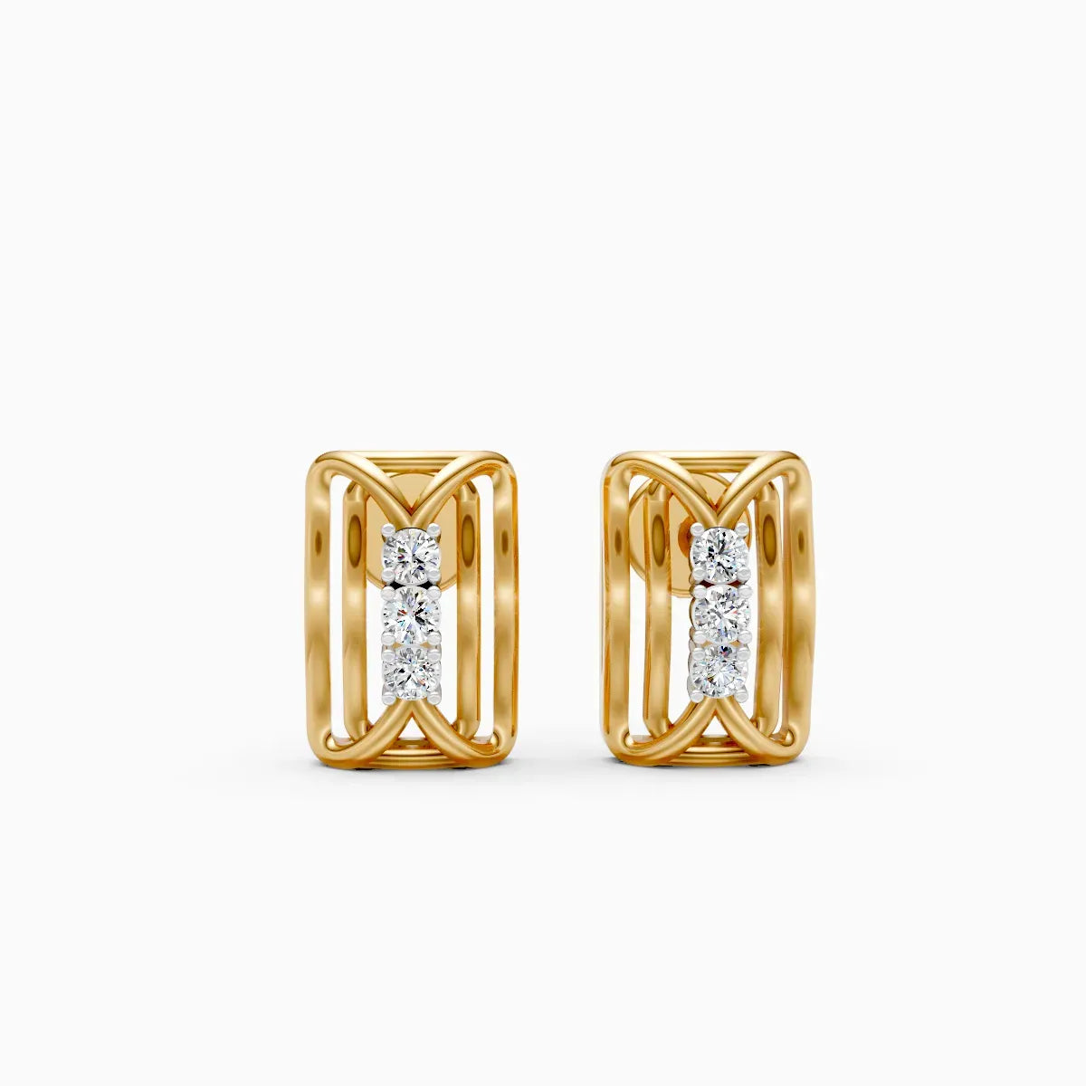 Woven Cage Rectangle Three-Stone Diamond Stud Earrings