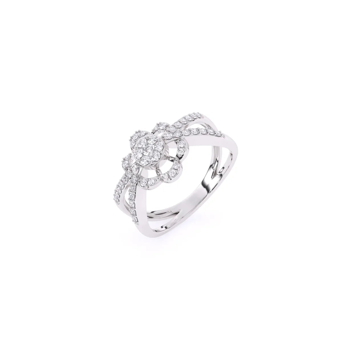 Round Flower Halo Style Split Shank Diamond Ring