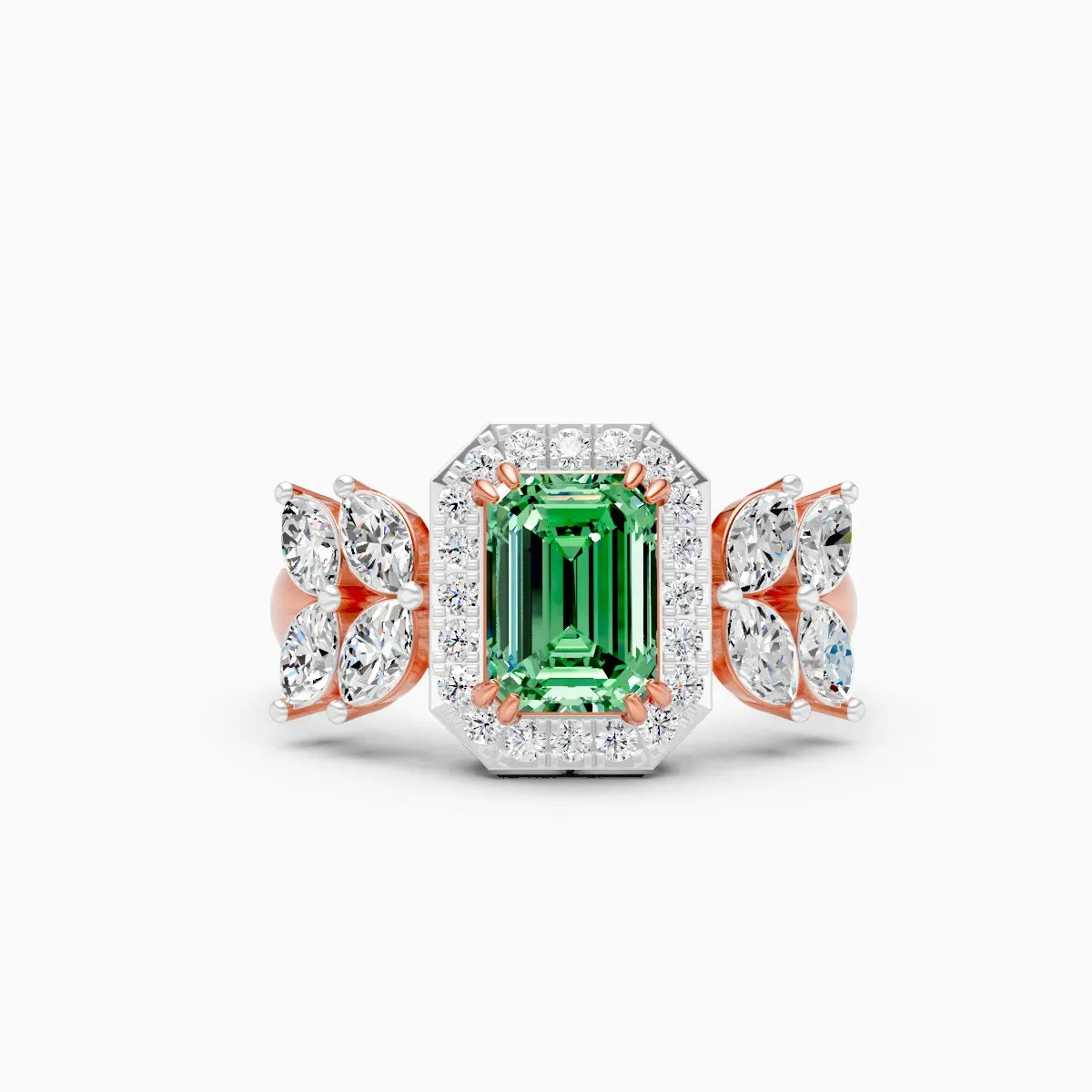 Green Emerald Side Marquise Lab Grown Diamond Ring