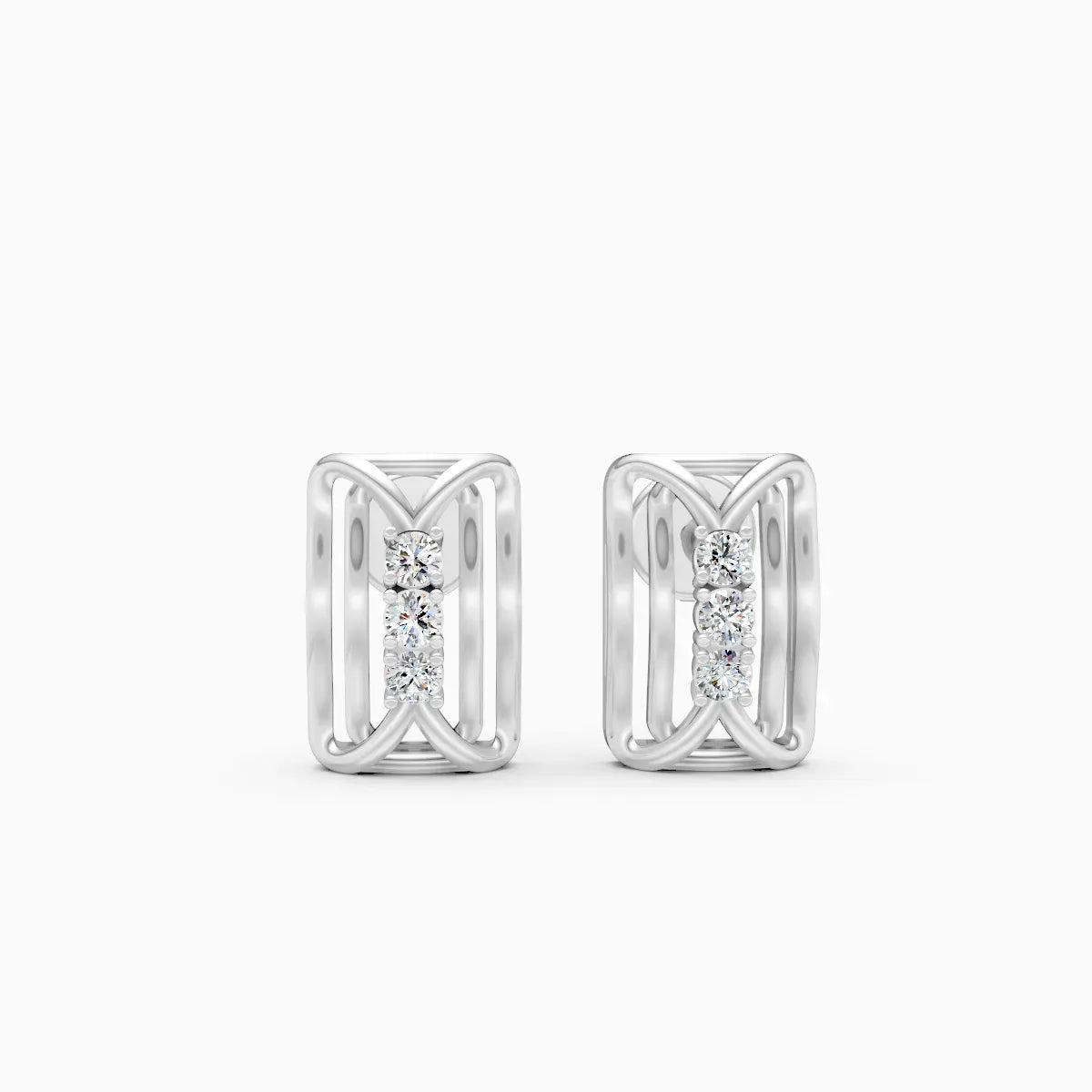 Woven Cage Rectangle Three-Stone Diamond Stud Earrings
