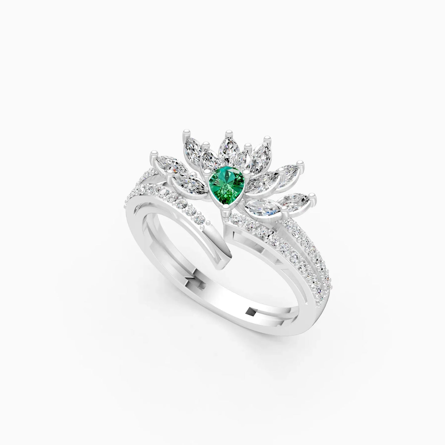 Stunning Diamond Floral With Green Stone Ring