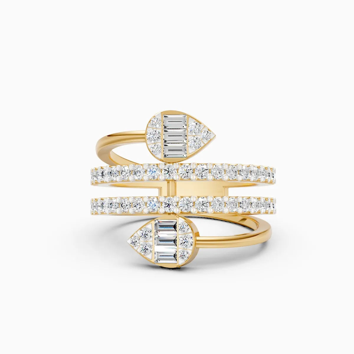 Triple Band Pear Shield And Baguette Embrace Spiral Ring