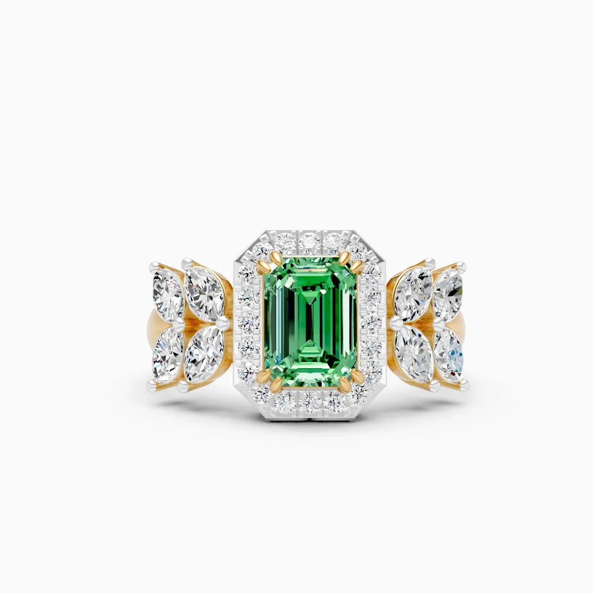 Green Emerald Side Marquise Lab Grown Diamond Ring