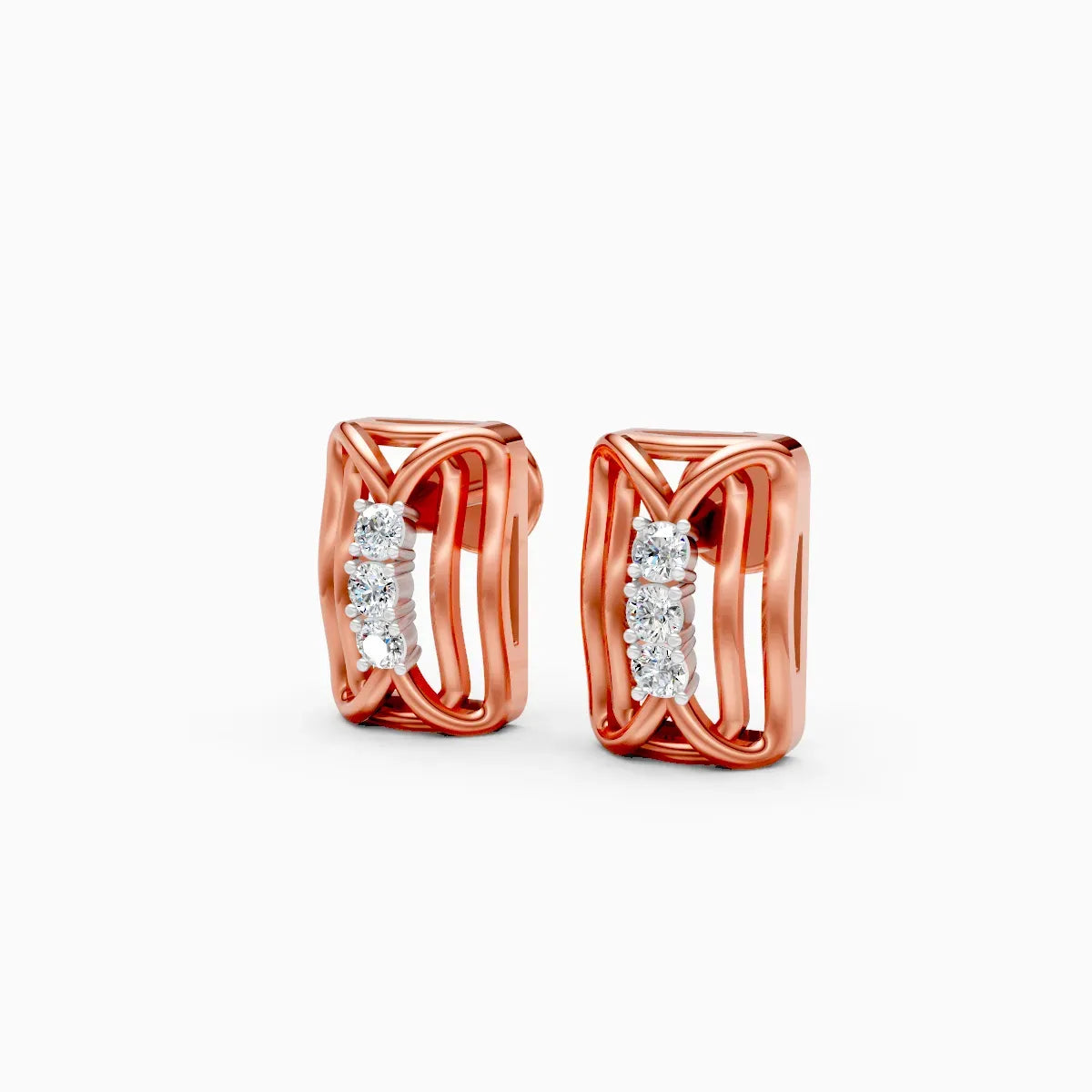 Woven Cage Rectangle Three-Stone Diamond Stud Earrings