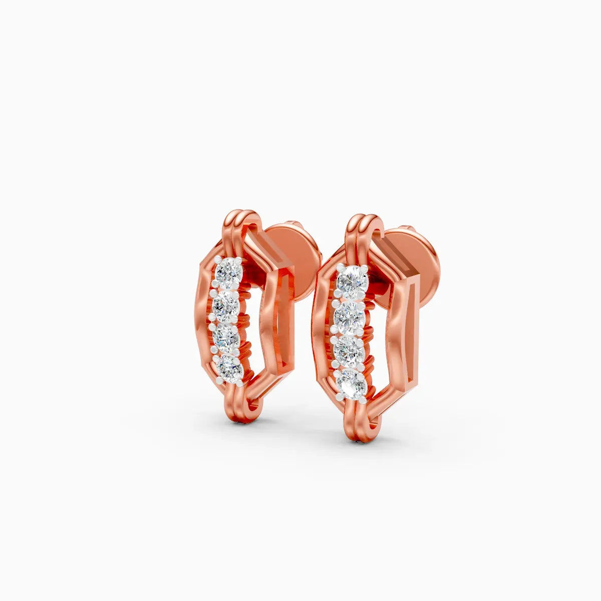 Hexagonal Link Frame Four Diamond Stud Earrings