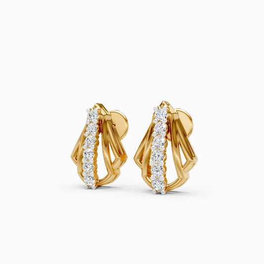 Art Deco Multi-Fin Fan Stud Earrings with Vertical Diamond Line
