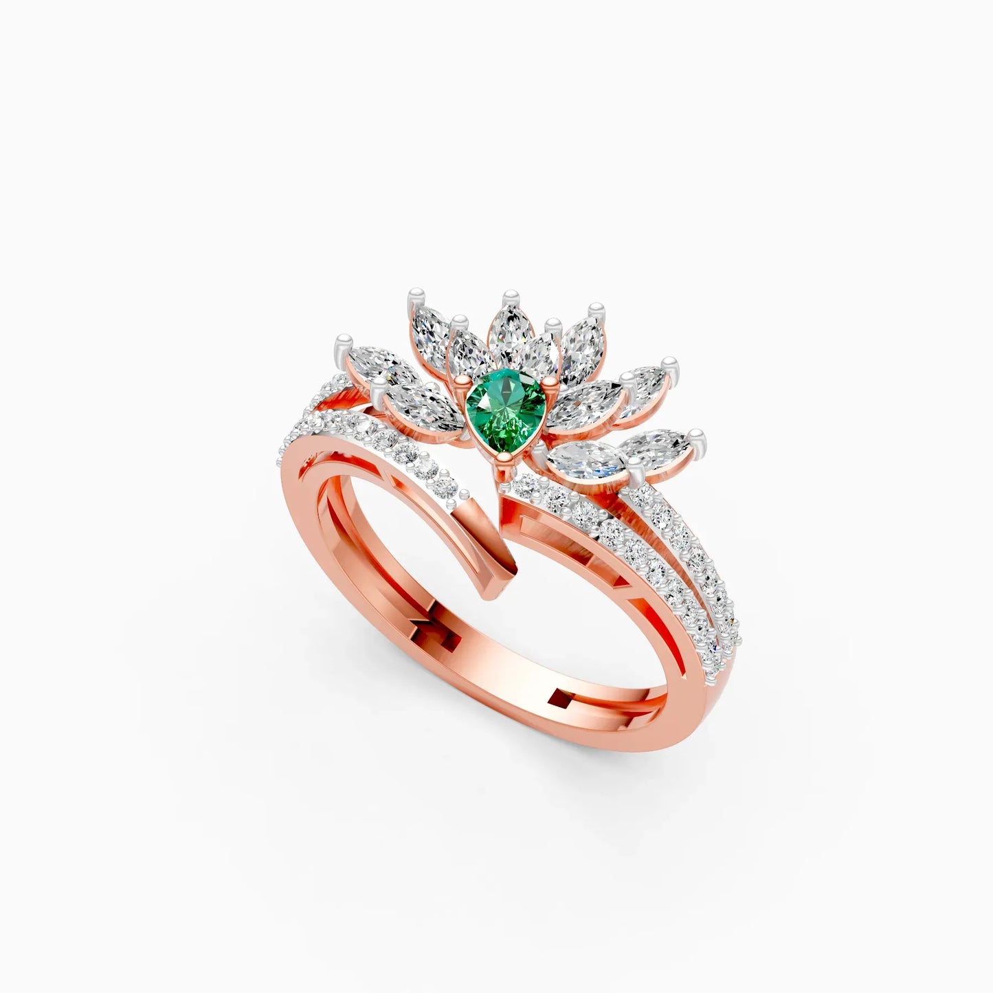 Stunning Diamond Floral With Green Stone Ring
