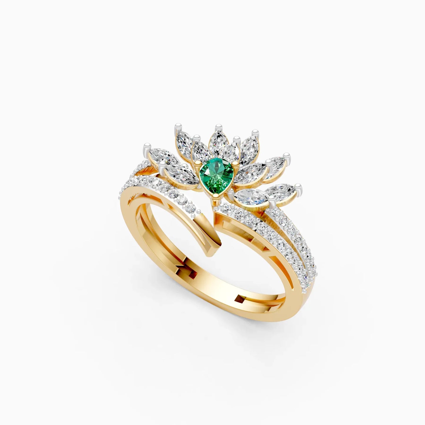 Stunning Diamond Floral With Green Stone Ring