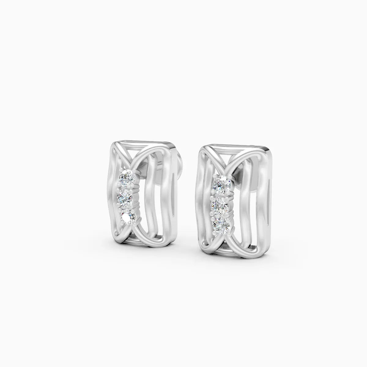 Woven Cage Rectangle Three-Stone Diamond Stud Earrings