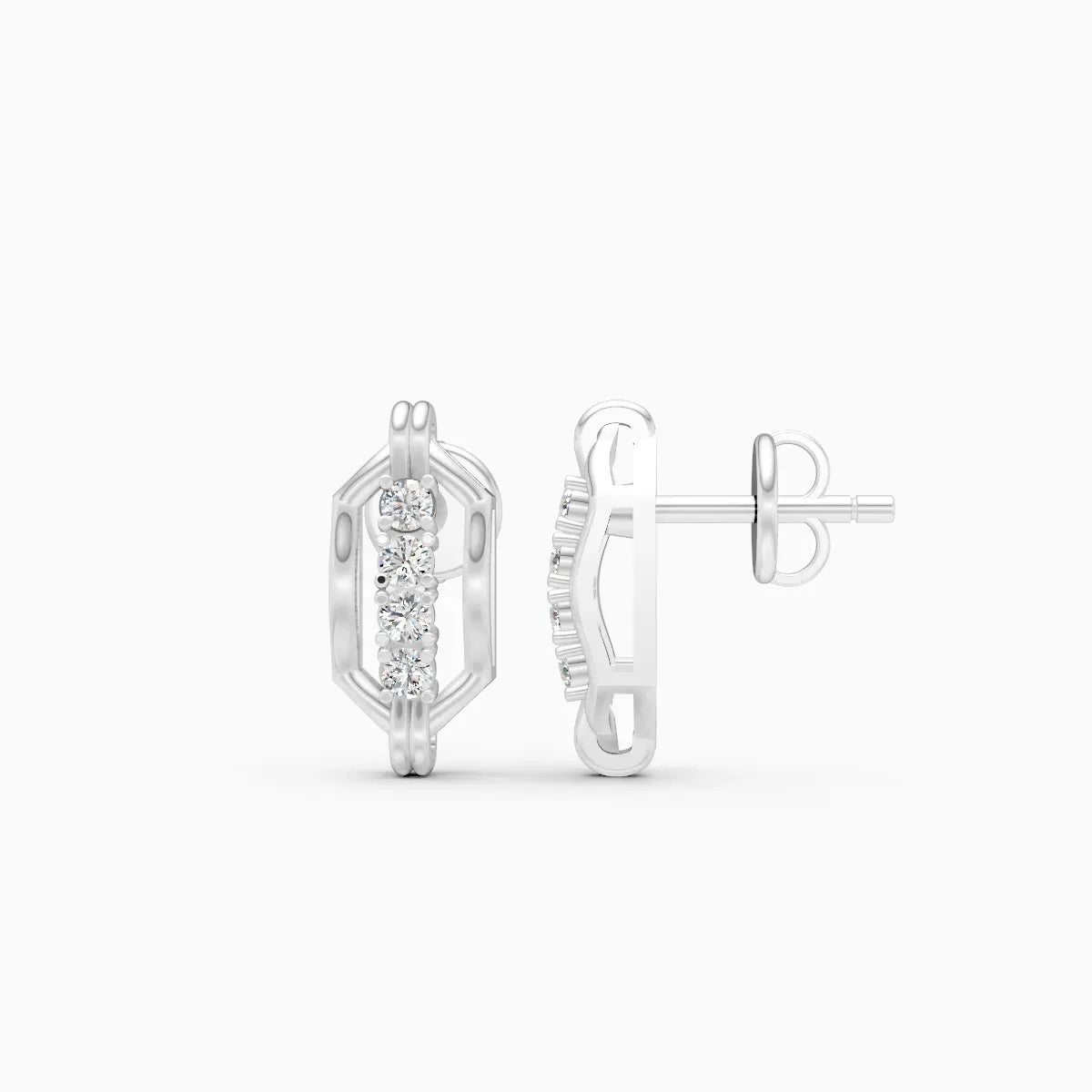 Hexagonal Link Frame Four Diamond Stud Earrings