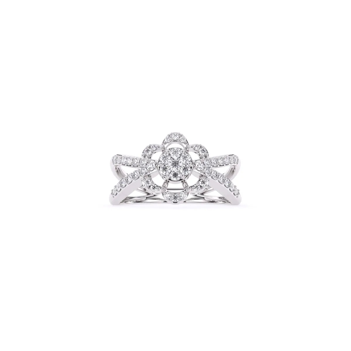 Round Flower Halo Style Split Shank Diamond Ring