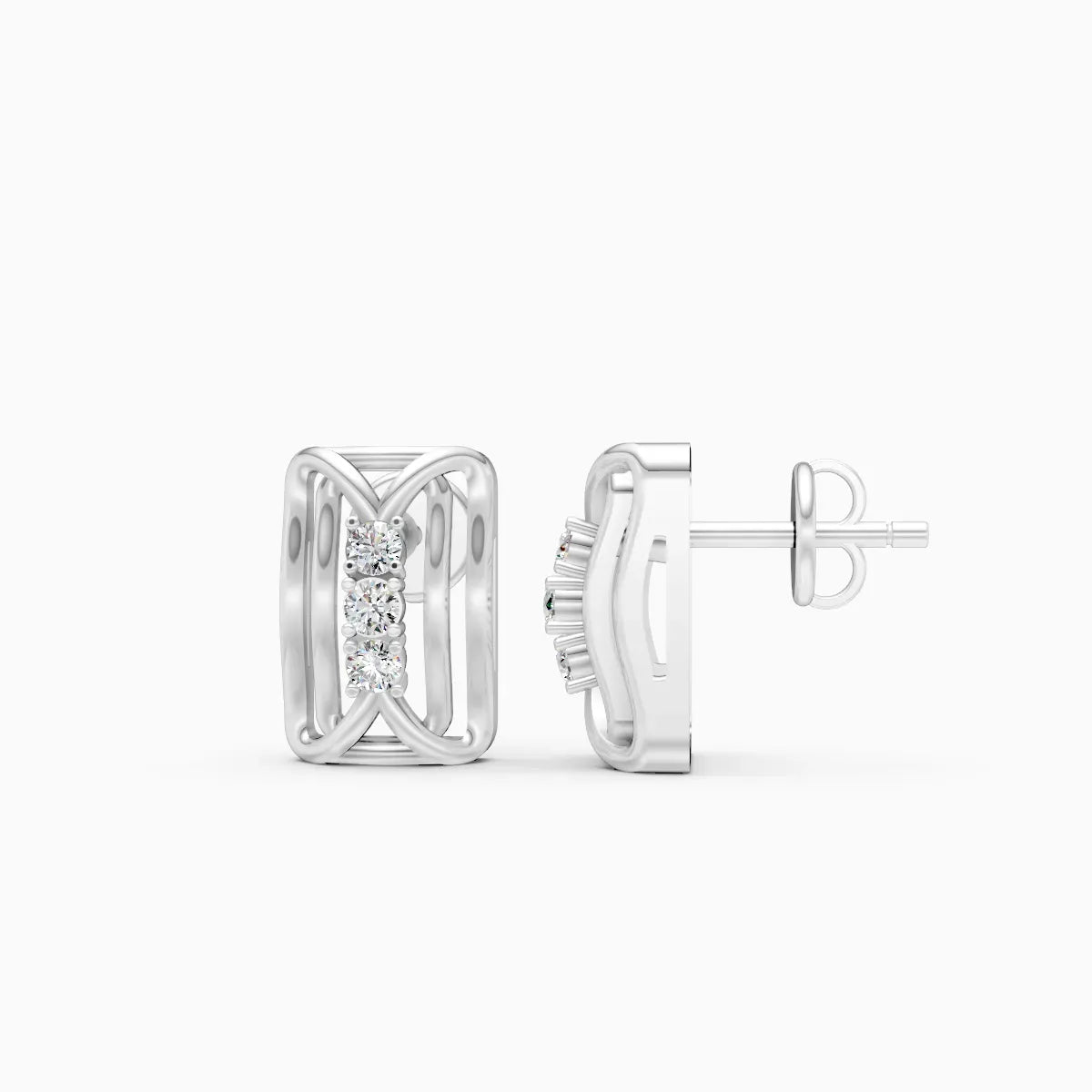 Woven Cage Rectangle Three-Stone Diamond Stud Earrings