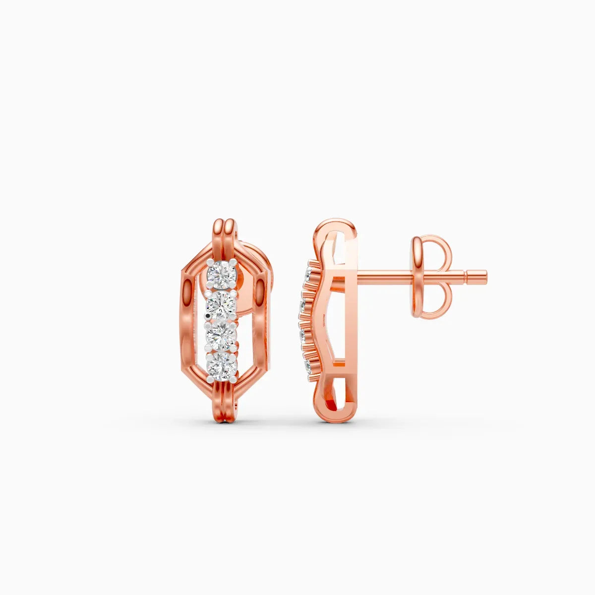 Hexagonal Link Frame Four Diamond Stud Earrings