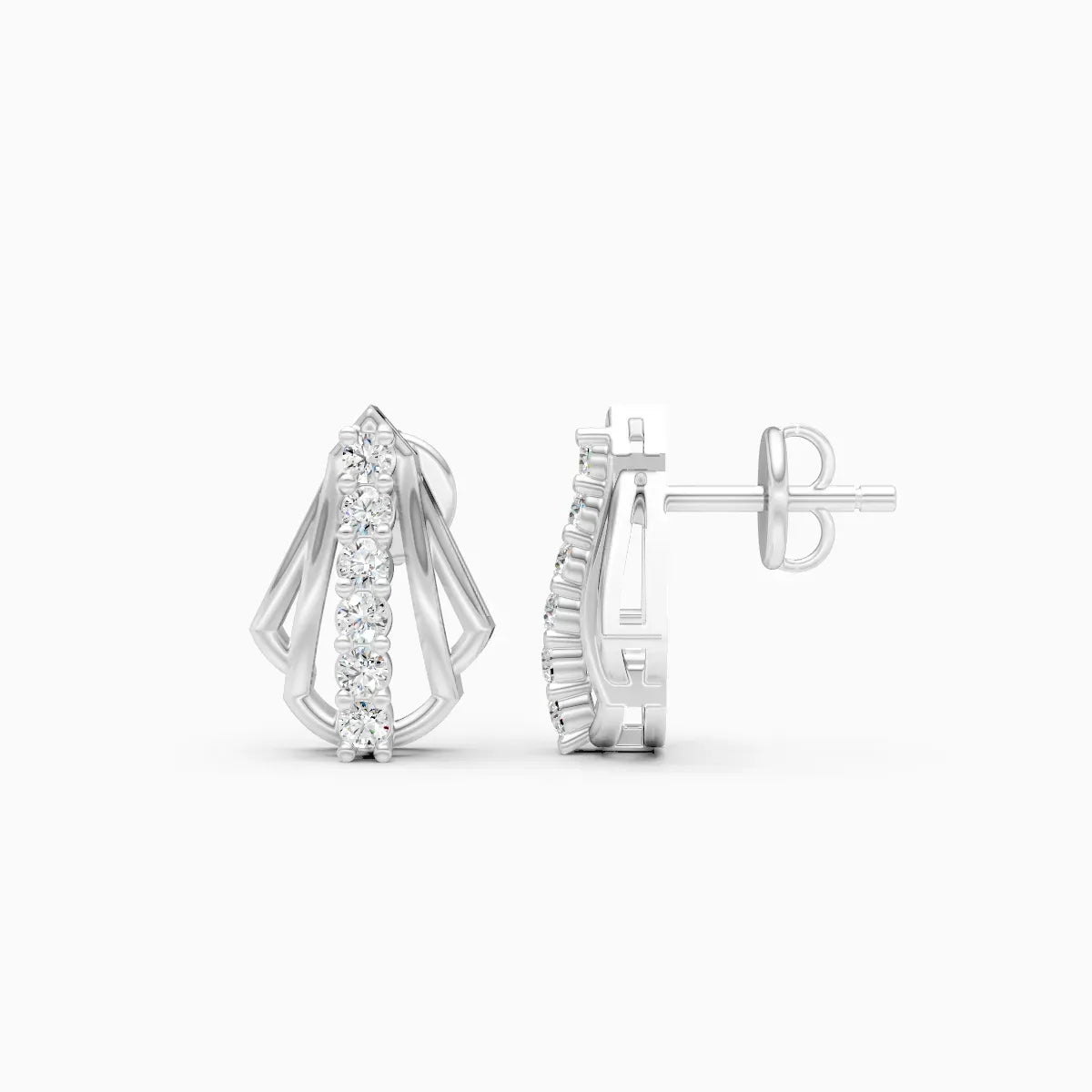 Art Deco Fan Shell Seven Diamond Bar Stud Earrings