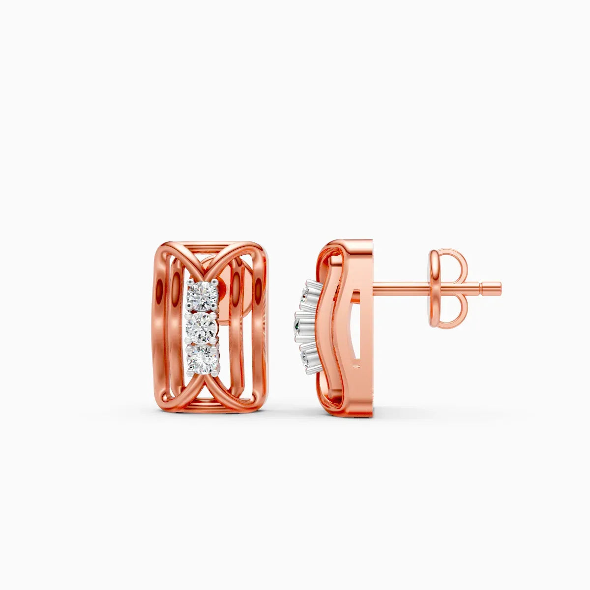 Woven Cage Rectangle Three-Stone Diamond Stud Earrings