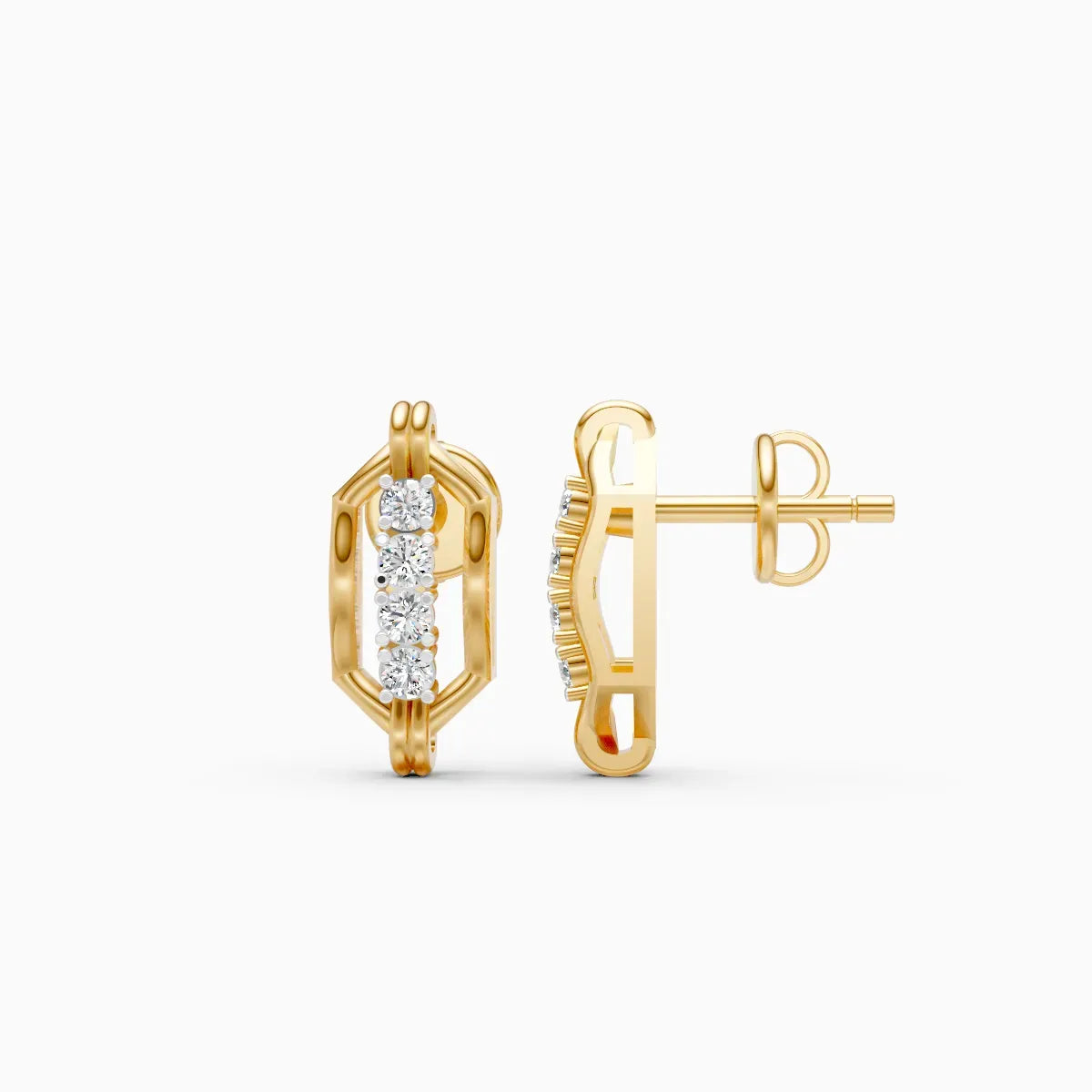 Hexagonal Link Frame Four Diamond Stud Earrings