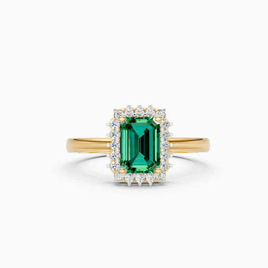 Emerald-Cut Green Stone Diamond Halo Ring