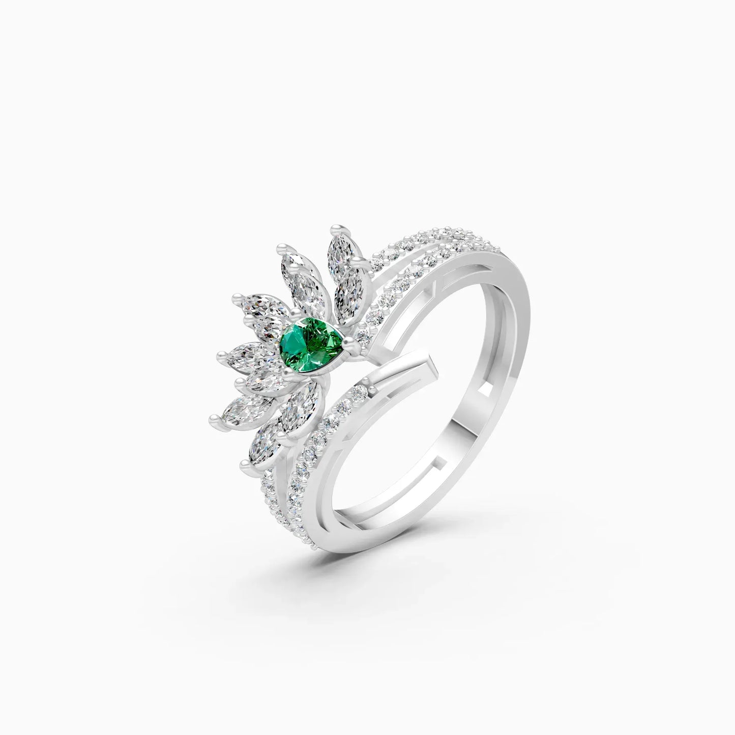 Stunning Diamond Floral With Green Stone Ring