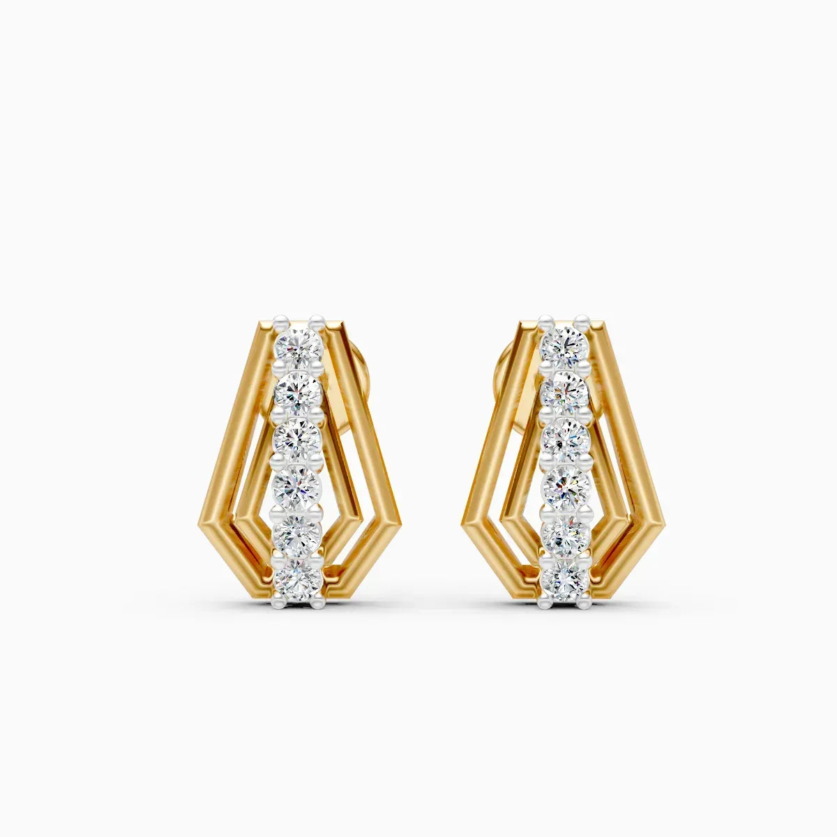 Open Shield Frame Double-Rail Diamond Line Stud Earrings