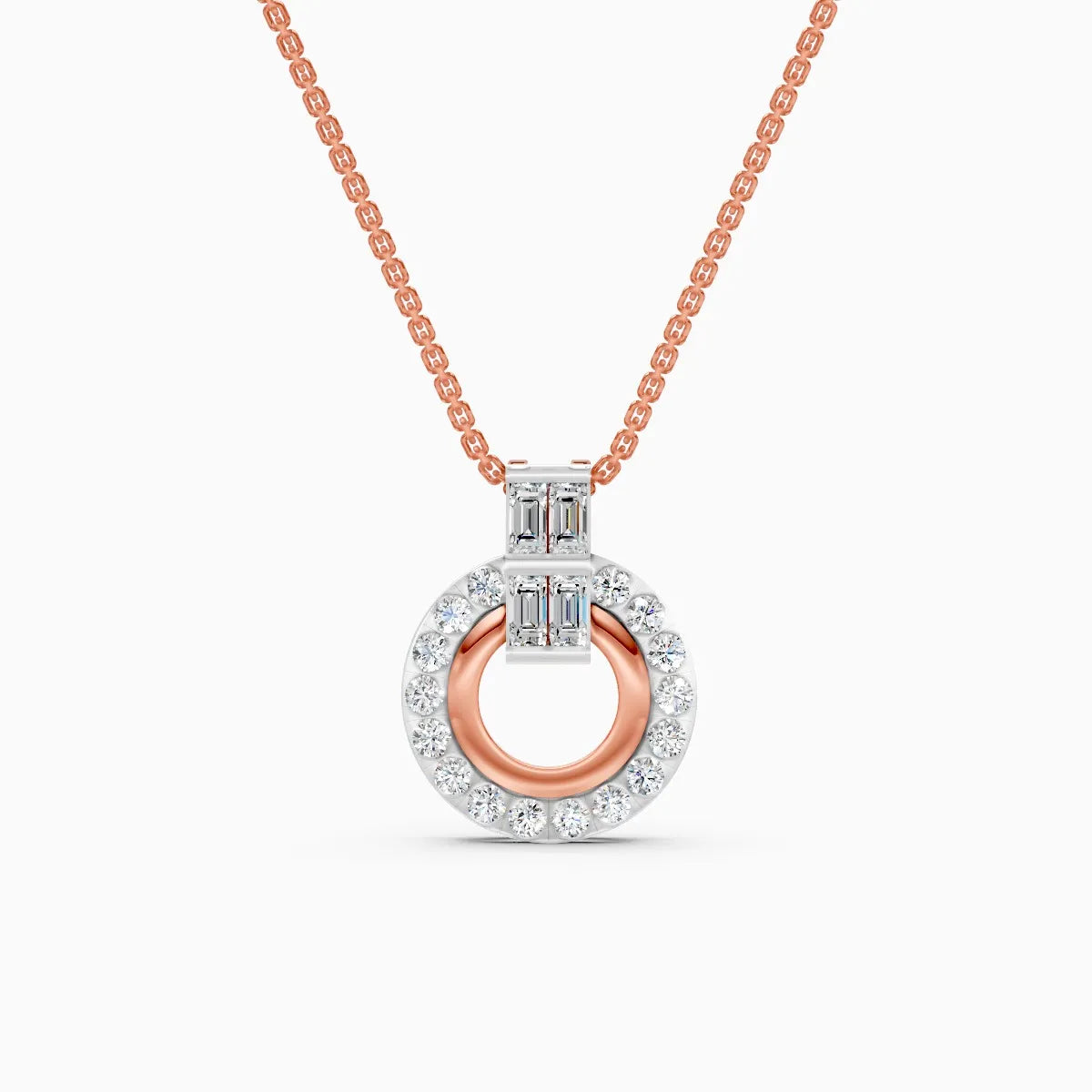 Baguette Accent Round Halo Diamond Pendant