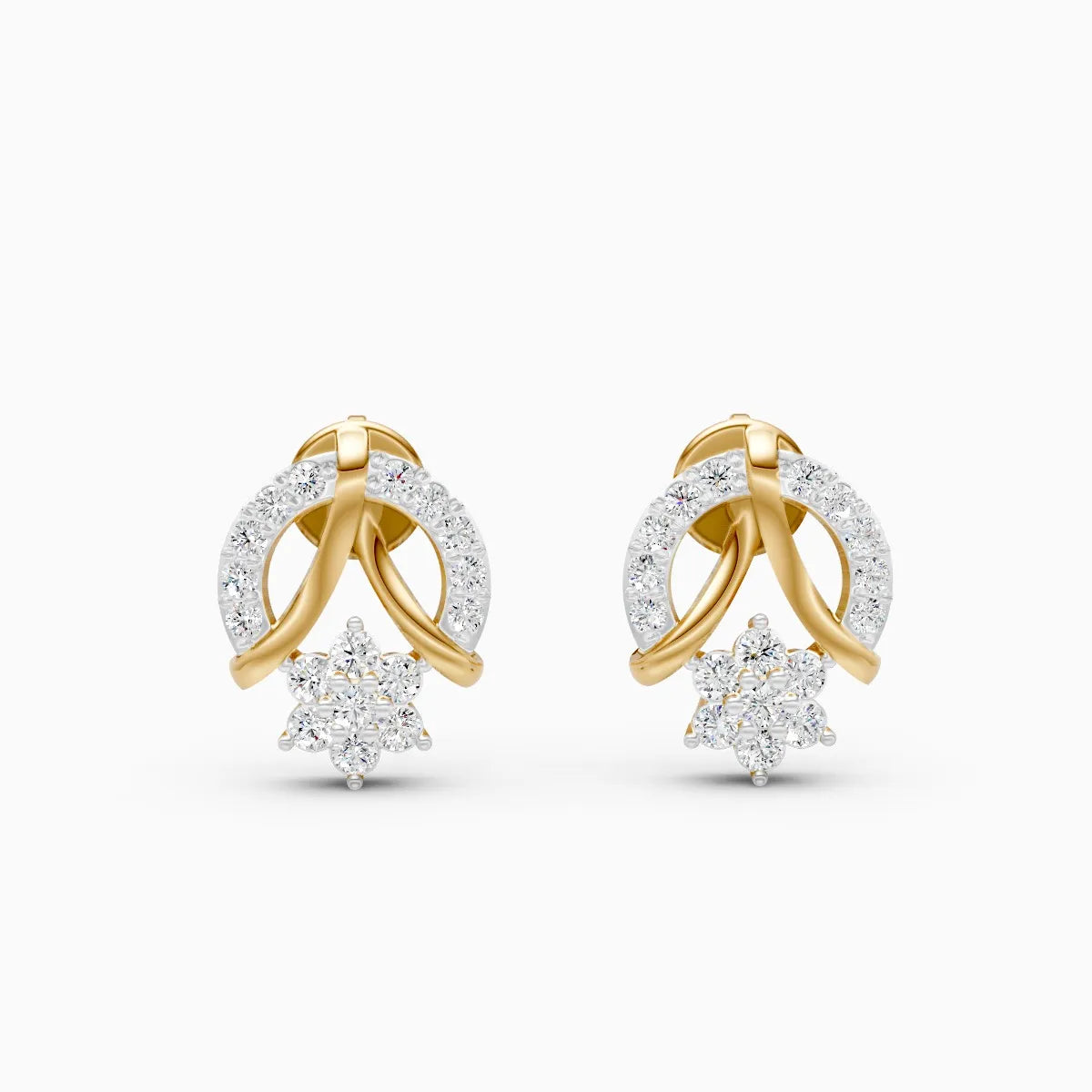 Pave Arch Knot and Flower Cluster Diamond Stud Earrings