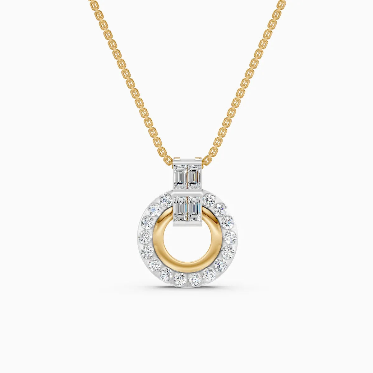 Baguette Accent Round Halo Diamond Pendant