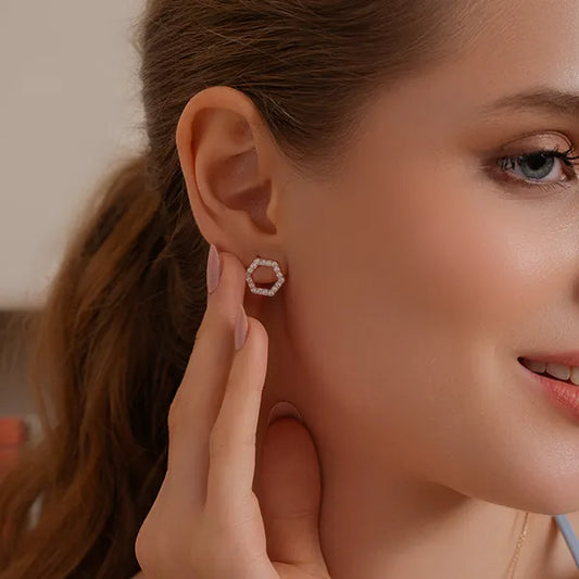 Open Hexagon Outline Diamond Stud Earrings