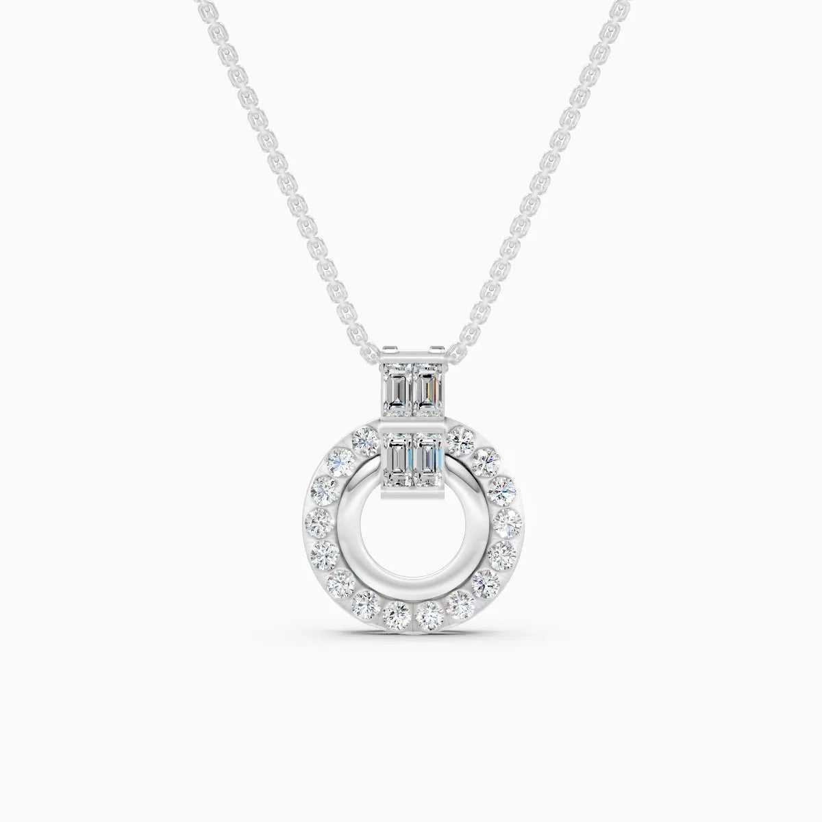 Baguette Accent Round Halo Diamond Pendant