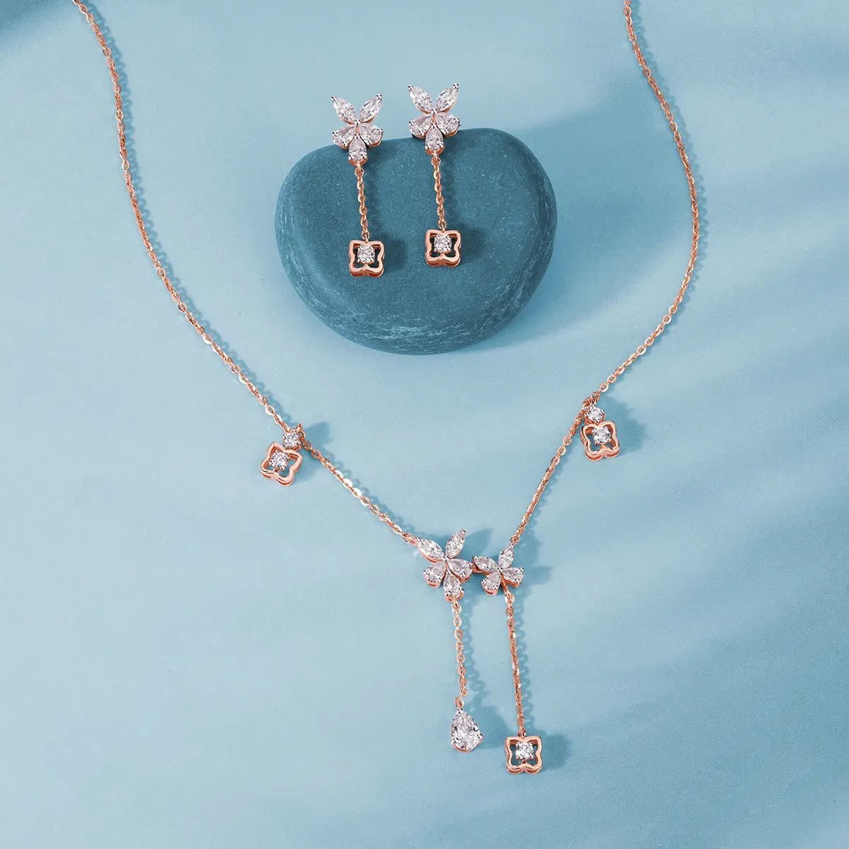 Elegant Floral Lab Diamond Necklace with Dangling Charms