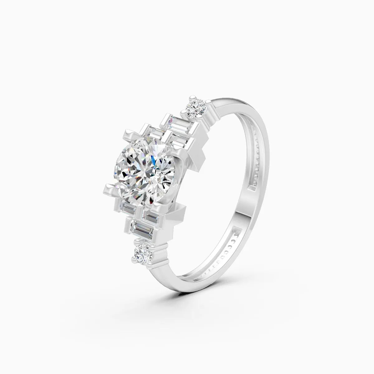 Baguette Bloom Round Solitaire Lab Diamond Ring