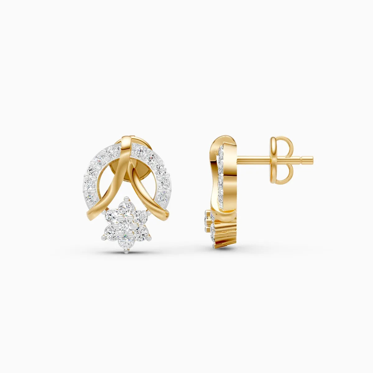 Pave Arch Knot and Flower Cluster Diamond Stud Earrings