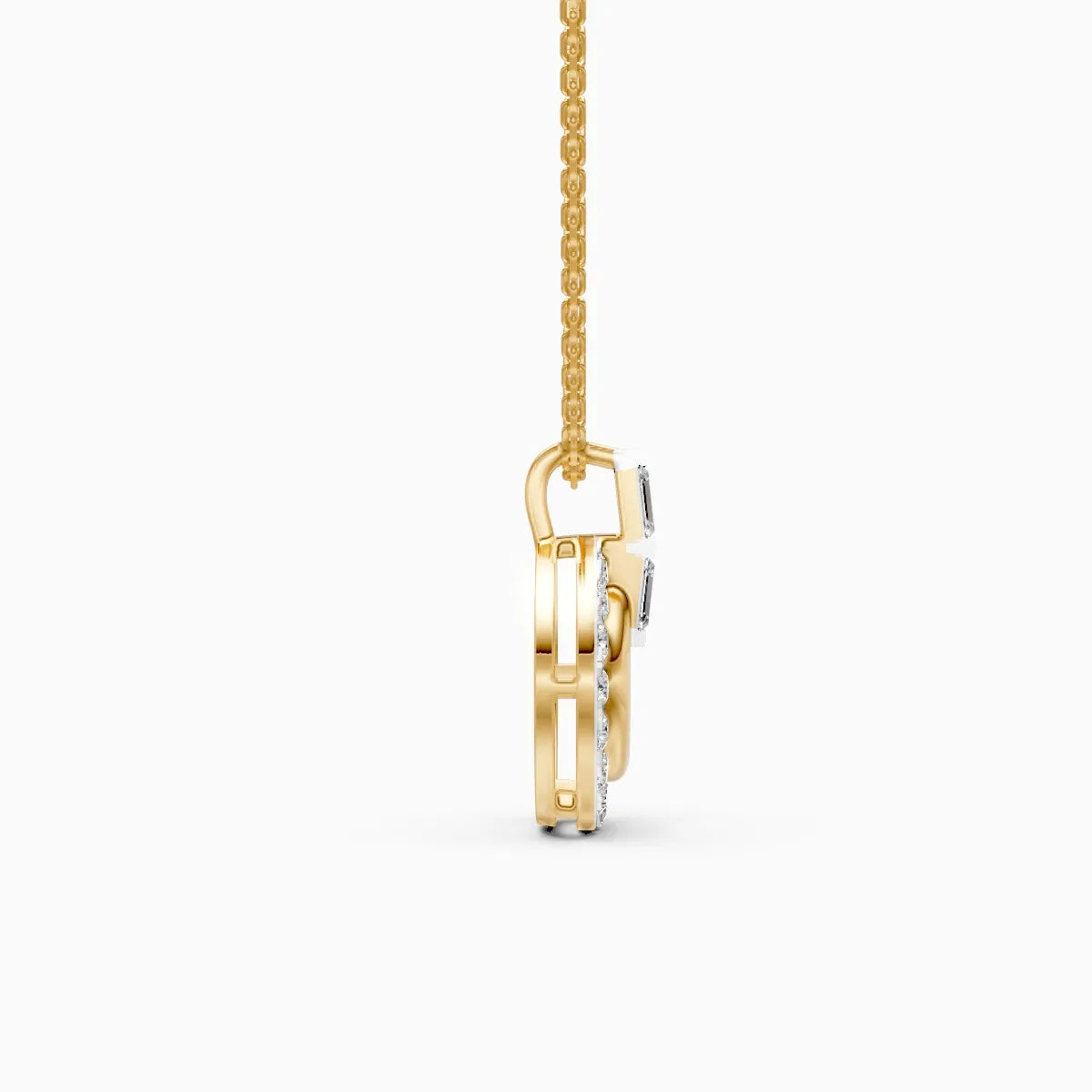 Baguette Accent Round Halo Diamond Pendant