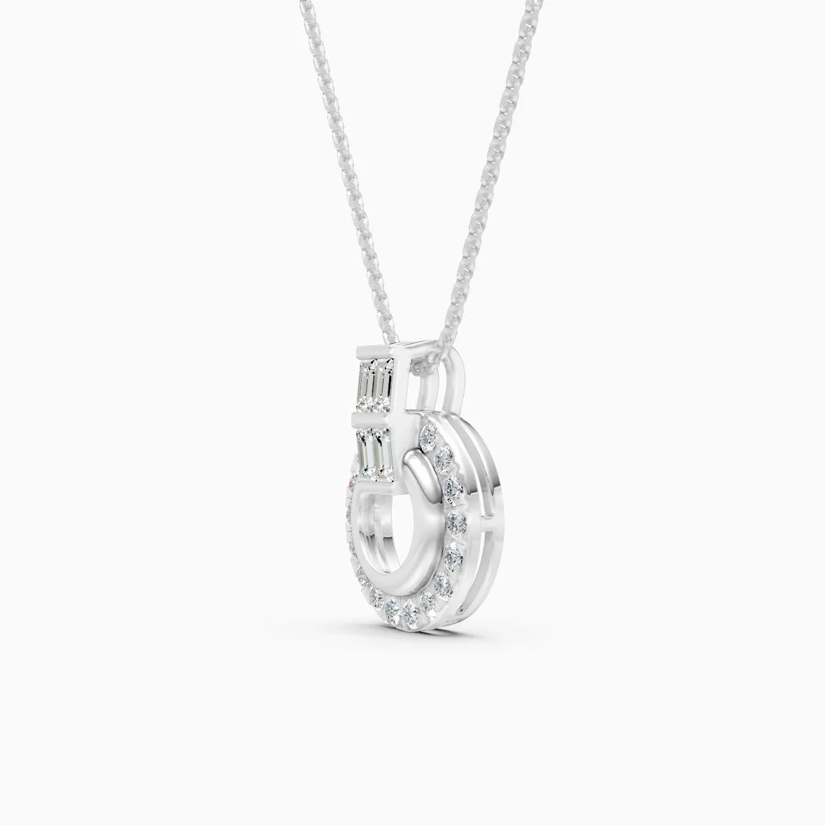 Baguette Accent Round Halo Diamond Pendant