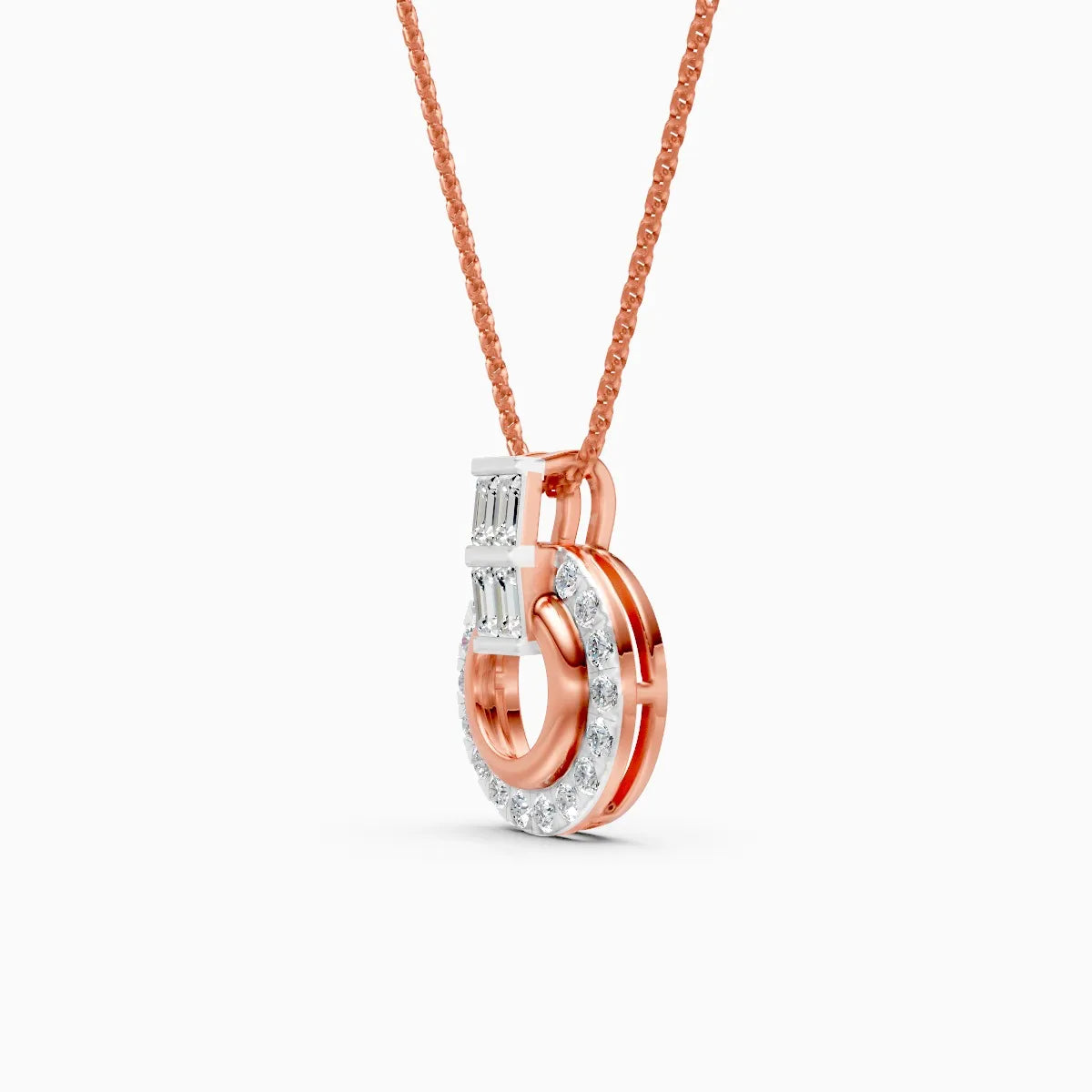Baguette Accent Round Halo Diamond Pendant