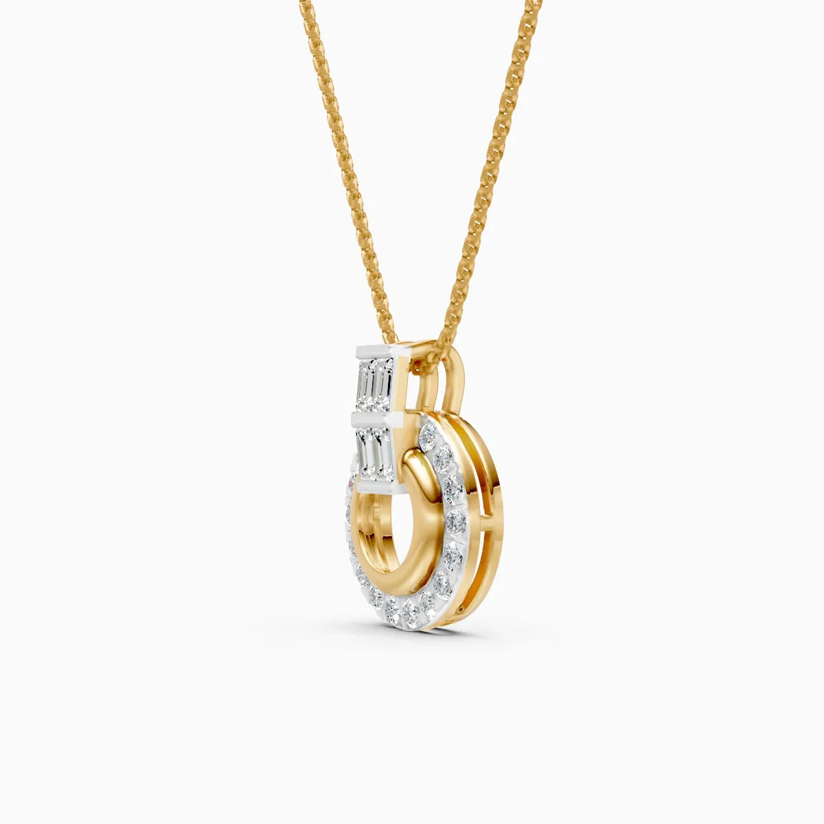 Baguette Accent Round Halo Diamond Pendant