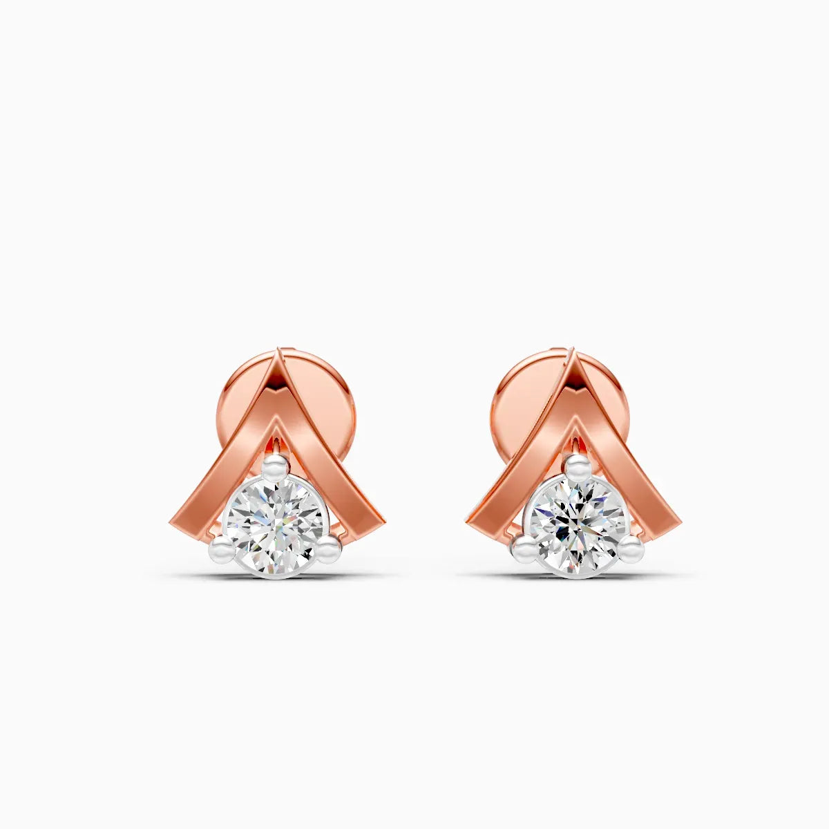 Chevron Crown Solitaire Diamond Stud Earrings