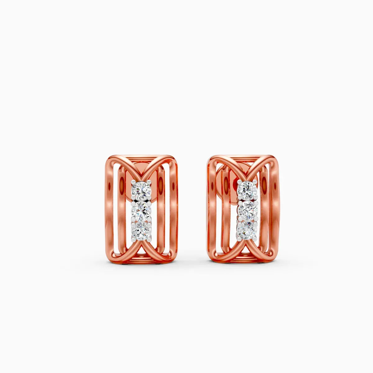 Woven Cage Rectangle Three-Stone Diamond Stud Earrings