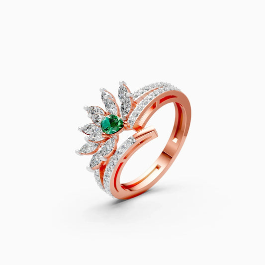 Stunning Diamond Floral With Green Stone Ring
